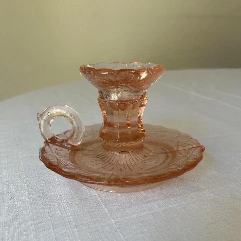 Vintage Heisey Pink Depression Glass Finger Loop Chamberlain Candlestick Holder.